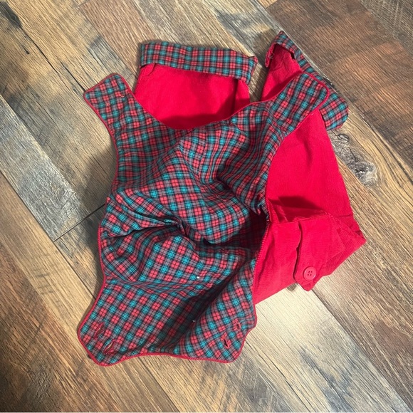 Adorable, handmade red corduroy with plaid lining Christmas overalls - Picture 5 of 6